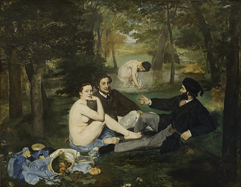 Déjeuner sur l'herbe, Edouard Manet, 1863. Image is public domain c/o Wikimedia. Image features two men picnicking in a park accompanied by a nude woman and another mysterious woman in the background.