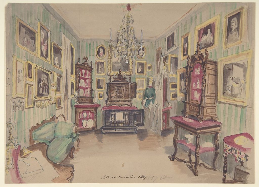 Drawing of an Interior: Cabinet du Salon, Anonymous Artist, c. 19th century. Image c/o the Met. Features an interior, likely of a home, with walls covered in art.