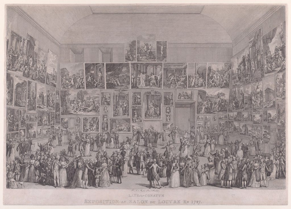 Exposition au Salon du Louvre en 1787, Pietro Antonio Martini, 1787. Image c/o the Met. This etching and engraving features many viewers thronging a salon with paintings lining the walls.