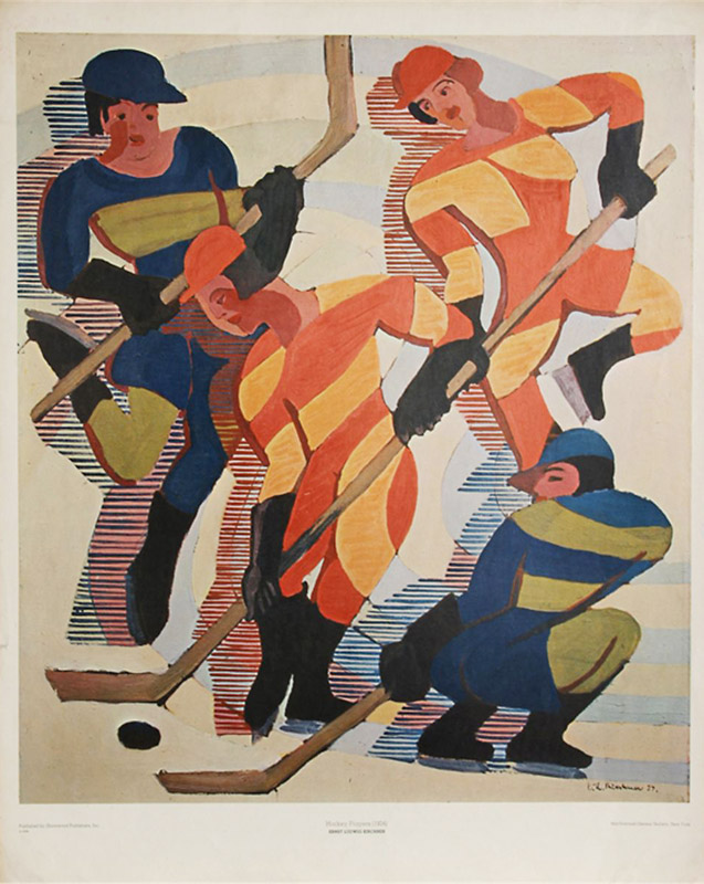 Hockey Players, Ernst Kirchner, c. 1934. Image c/o Art Docent Program. Four men play hockey, wearing contrasting colors.
