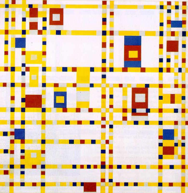 Broadway Boogie Woogie, Piet Mondrian, c. 1942-43. Image c/o Art Docent Program. Painting features a grid of yellow, red, and blue squares of varying size, an abstraction of the title.