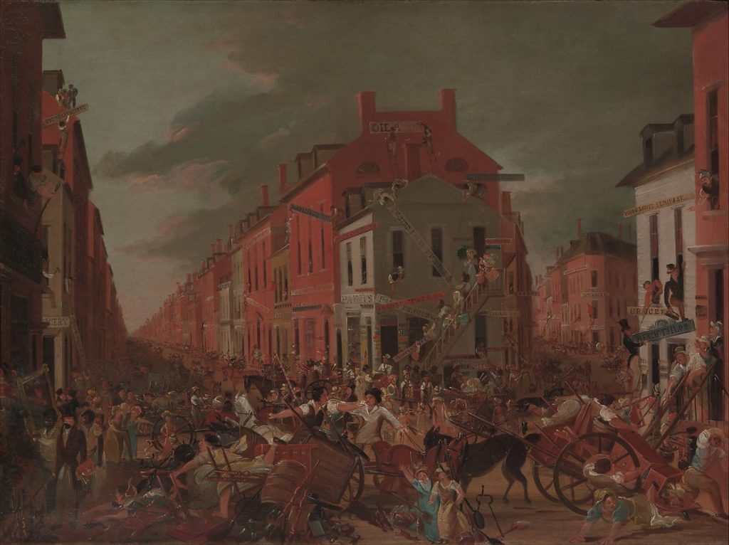 Moving Day (in Little Old New York), Unknown Artist, c. 1827. Image c/o the Met. Hundreds of people line the streets as they move out of New York buildings.