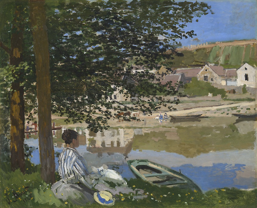 On the Bank of the Seine, Bennecourt, Claude Monet, c. 1868. Image c/o the Art Institute of Chicago. Painting features a woman looking out over the Seine under a tree.