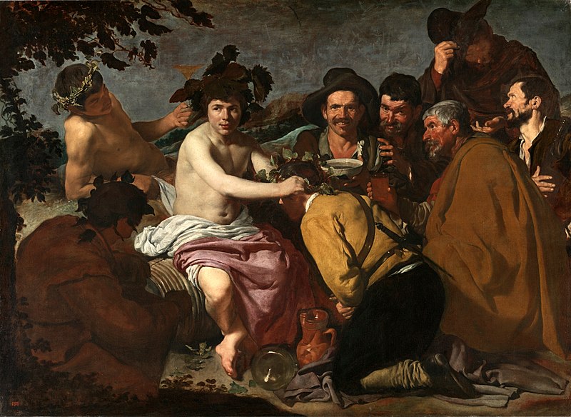 The Triumph of Bacchus (Los Borrachos), Diego Velázquez, c. 1628-29. Image is public domain, c/o Wikimedia. Painting features Bacchus and peasants picnicking in the countryside.