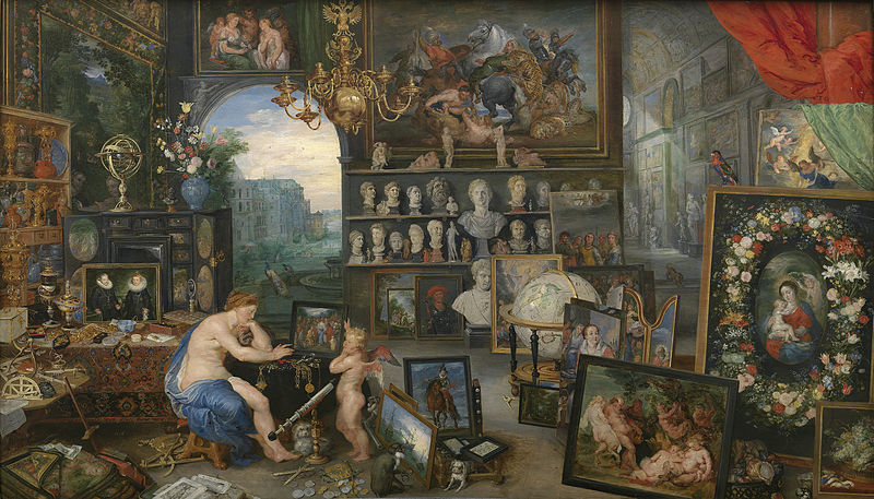 Allegory of Sight, Jan Bruegel and Peter Paul Rubens, c. 1617-1618. Image c/o Wikimedia. Two figures are surrounded by paintings and sculptures.