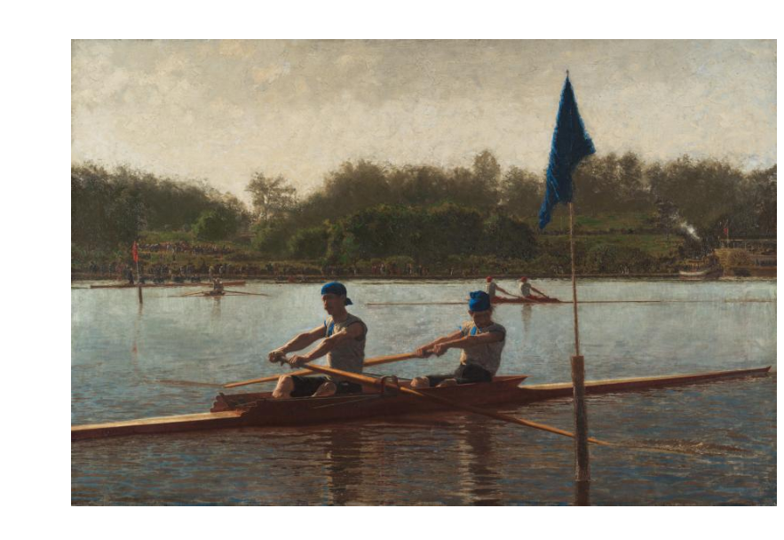 The Biglin Brothers Turning the Stake, Thomas Eakins, 1873. Image c/o Cleveland Museum of Art. Two men row down a tranquil body of water.