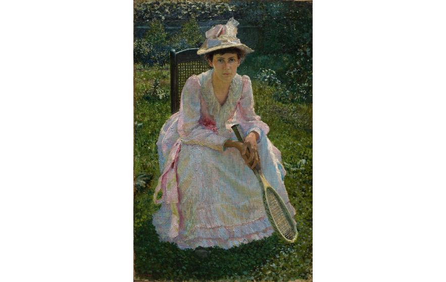 Mary Holland Bacher, Otto H. Bacher, 1891. Image c/o Cleveland Art Museum. A woman sits with a tennis racket.