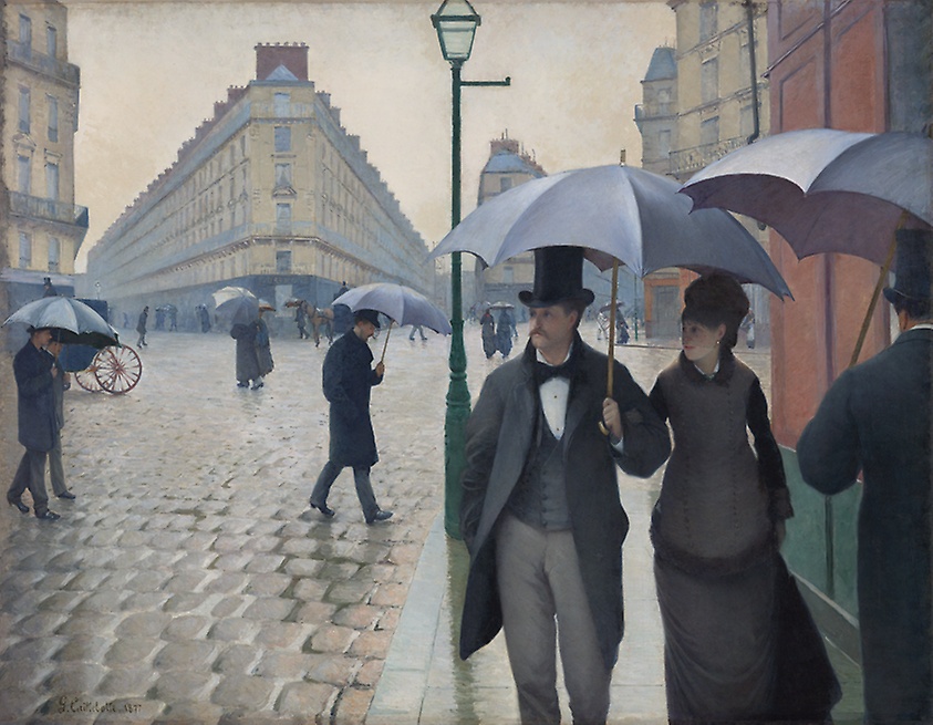  Paris Street; Rainy Day, Gustave Cailleboitte, 1877. Image c/o Art Institute of Chicago. A couple walks down a rainy Paris street.
