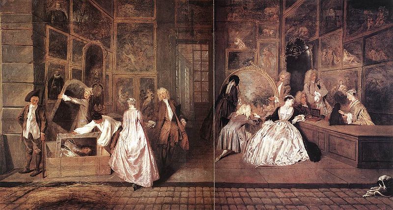 The Signboard of Gersaint, Jean-Antoine Watteau, c. 1721. Image c/o Wikimedia. Painting depicts a large gallery filled with paintings with patrons looking at artwork.