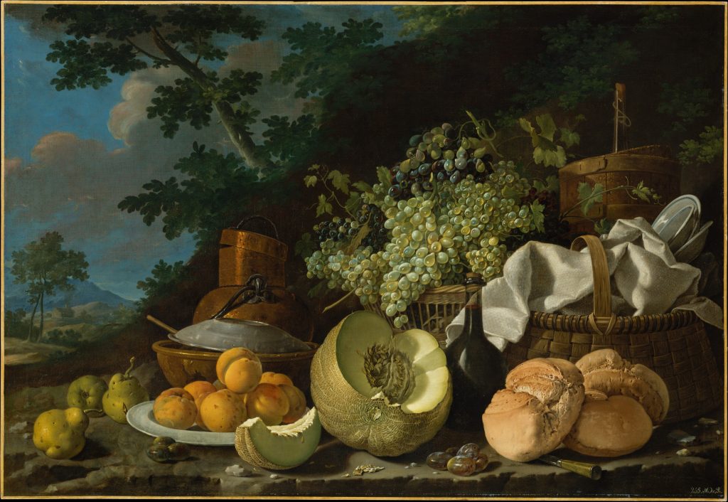 The Afternoon Meal (La Merienda), Luis Meléndez, c. 1772. A still life painting of a variety of fruits and food.