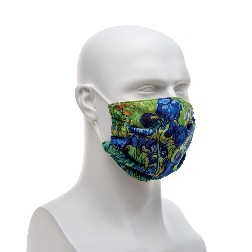 A face mask featuring van Gogh's Irises painting.