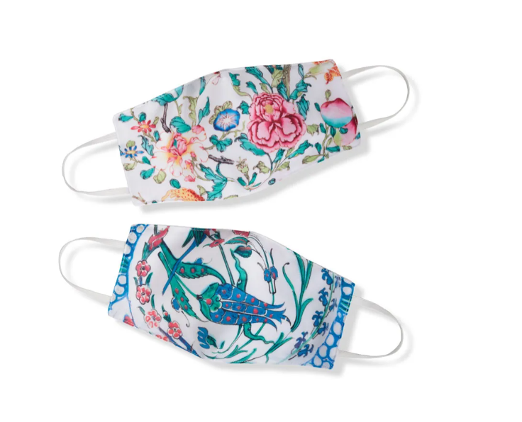 Two face masks featuring floral designs.