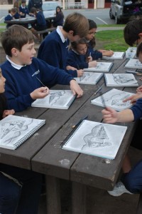 Children at St. Francis Solano School, Sonoma CA working on the "Perspective" lesson for 6th Grade.