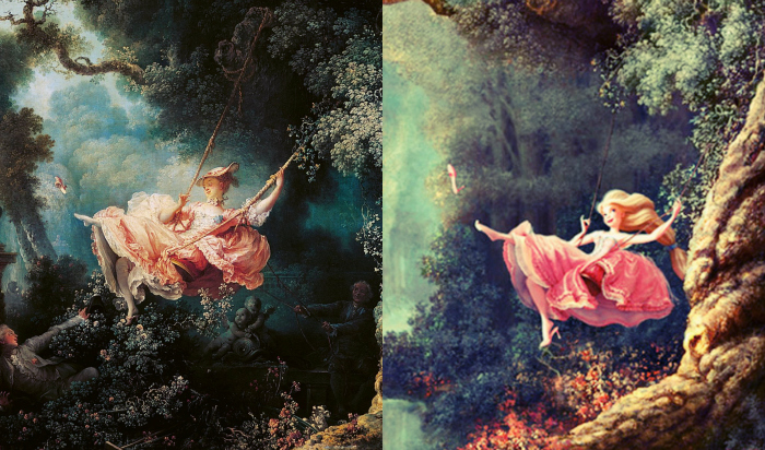 On the left: Fragonard's original painting, "The Swing." On the right: concept art for Disney's "Tangled" (2010).