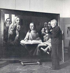 Van Meegeren painting his last forgery, "Jesus Among the Doctors," in a Dutch court.