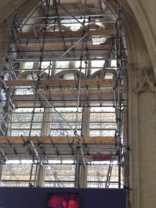 A view of the restoration going on in the Minster's Great East Window.