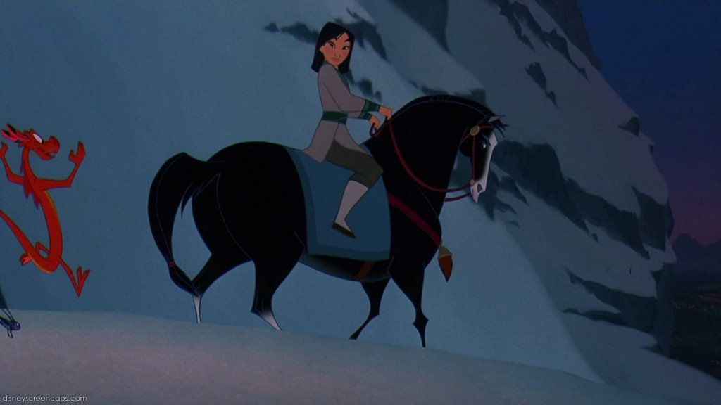 Mulan riding Khan the horse, c/o disneyscreencaps.com. Look at how similar his body structure is to the horse on the Wu family relief!