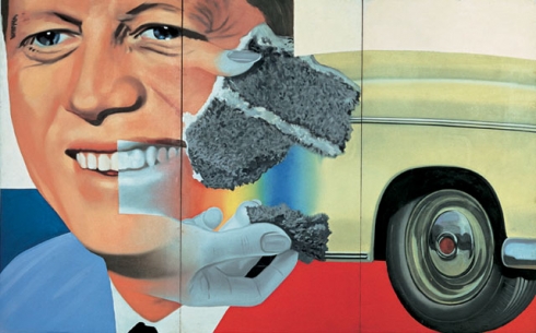 A portrait of JFK is layered among a piece of cake and a car in James Rosenquist's Pop Art piece.