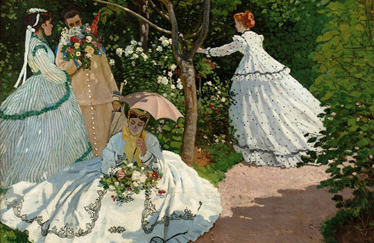 Detail from Monet's 1866 Women in the Garden. Note the seated woman's slightly-discolored face--which is how it would appear in the situation, given the reflection of natural light off of her bright white dress. Photo c/o frenchculture.org