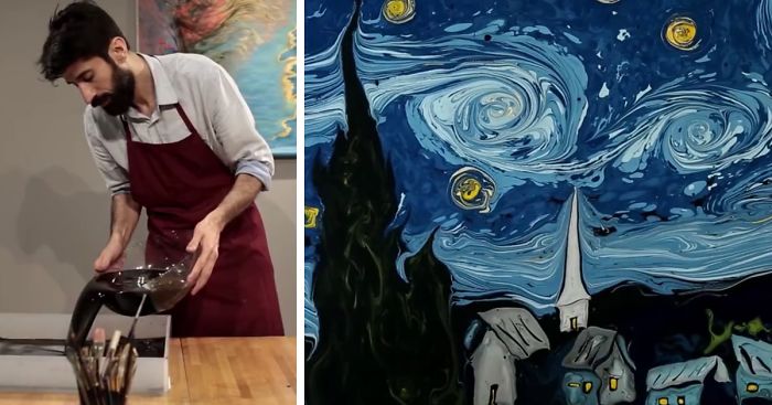 Ebru artist Garip Ay recreates van Gogh's Starry Night. Image c/o Bored Panda