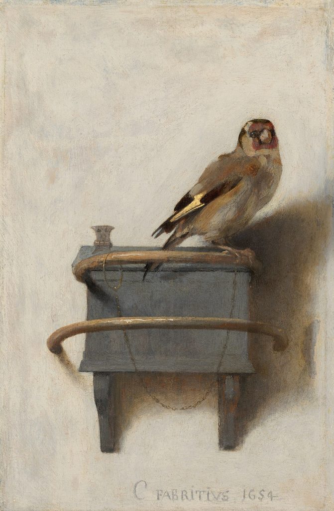 Carel Fabritius' 1654 painting, The Goldfinch. The painting features a goldfinch seated on a perch with a chain around its leg.