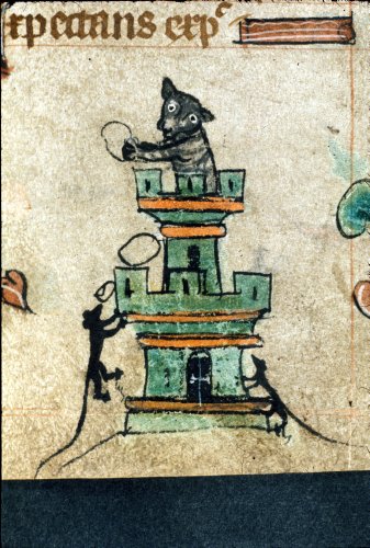 London, British Library, Harley MS 6563 f. 72r Cat in a Tower c. 1320-1330 https://www.bl.uk/catalogues/illuminatedmanuscripts/record.asp?MSID=8836&CollID=8&NStart=6563&_ga=2.75149970.1453945175.1564677405-2003165427.1559839113