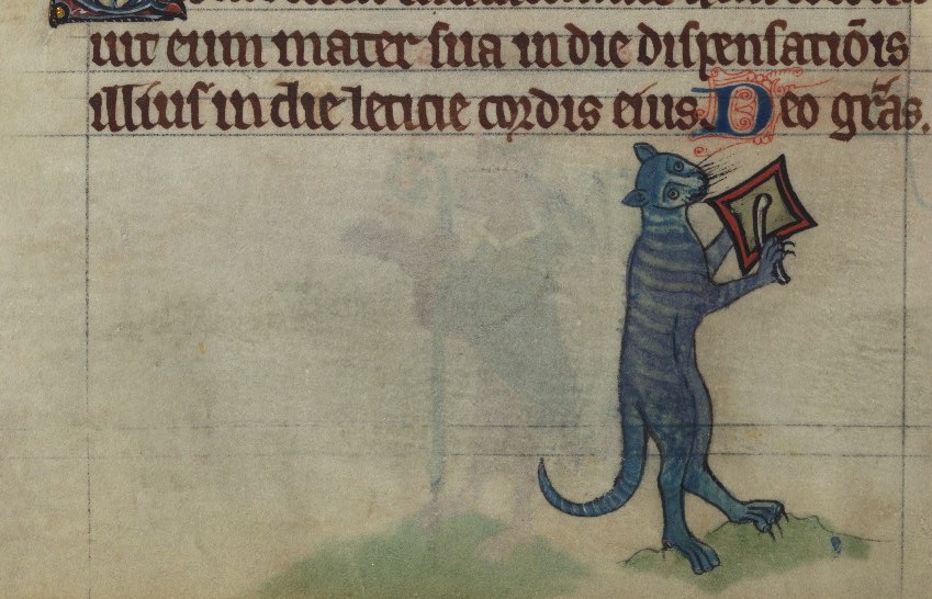 Baltimore, Walters Art Museum, MS W.102 f. 78v Cat beating a cymbal, from a marginal cycle of images... c. 1300 https://manuscripts.thewalters.org/viewer.php?id=W.102#page/160/mode/2up