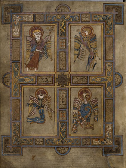 Symbols associated with the four Gospel authors. Screenshot. Dublin, Trinity College Dublin, IE TCD MS 58 f.27v c. 9th century https://digitalcollections.tcd.ie/home/index.php?DRIS_ID=MS58_003v. Copyright 2012 The Board of Trinity College Dublin.