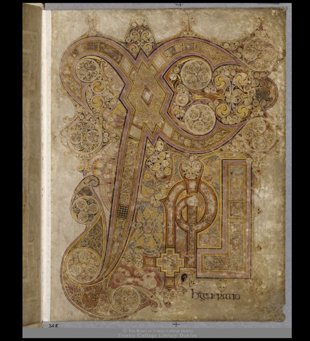 Screenshot of the Chi Ro page from the Book of Kells. Symbols associated with the four Gospel authors. Screenshot. Dublin, Trinity College Dublin, IE TCD MS 58 f.34r c. 9th century https://digitalcollections.tcd.ie/home/index.php?DRIS_ID=MS58_003v. Copyright 2012 The Board of Trinity College Dublin.