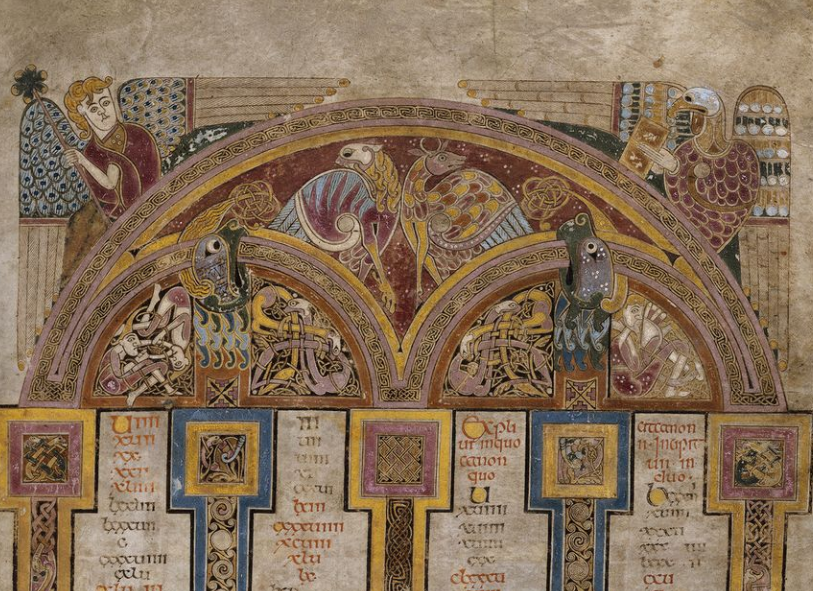 Screenshot of an inset from f.5r. Screenshot of the Chi Ro page from the Book of Kells. Symbols associated with the four Gospel authors. Screenshot. Dublin, Trinity College Dublin, IE TCD MS 58 f.5r c. 9th century https://digitalcollections.tcd.ie/home/index.php?DRIS_ID=MS58_003v. Copyright 2012 The Board of Trinity College Dublin.