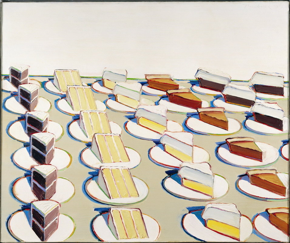 Wayne Thiebaud, Pie Counter, 1963. Image c/o Sartle. Four lines of slices of pie.