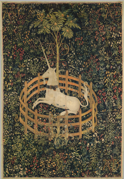 The Unicorn in Captivity, a medieval tapestry featuring a captured unicorn.