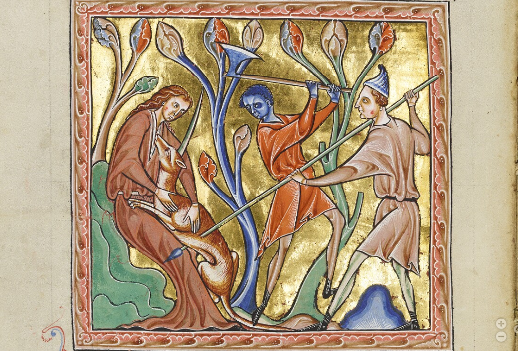 An image of a unicorn being slain by hunters from the medieval Ashmole Bestiary.