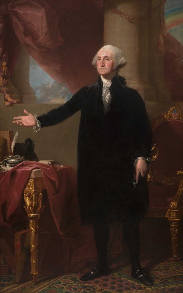 George Washington stands over his desk in this famous portrait by Gilbert Stuart.