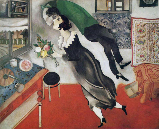 Marc Chagall's Birthday, featuring the artist hovering above his wife and kissing her.