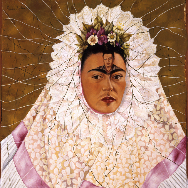 Self-Portrait as Tehuana by Frida Kahlo, featuring the artist in traditional dress with Diego Rivera's likeness painted on her forehead.