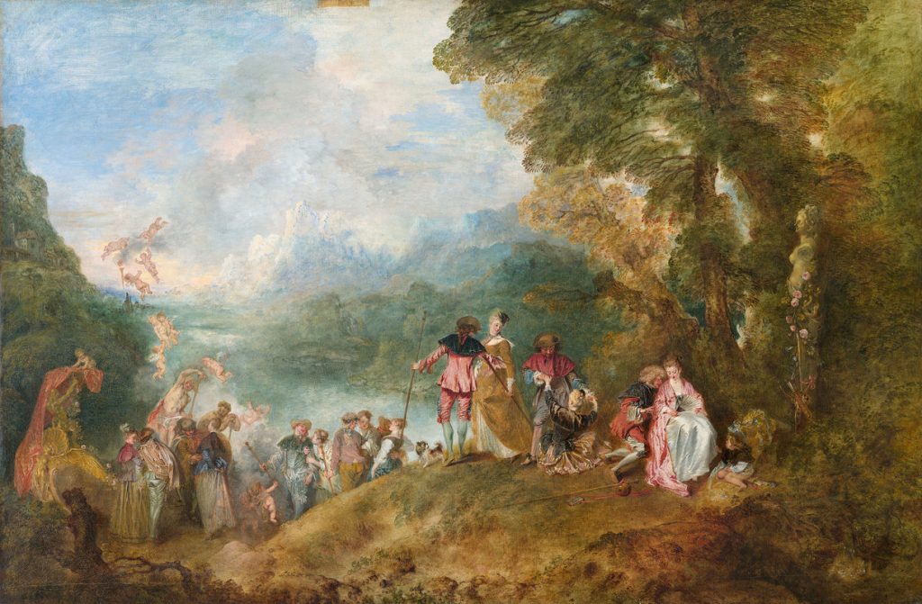 Watteau's Embarkation for Cythera, featuring couples gallivanting on a wooded isle.