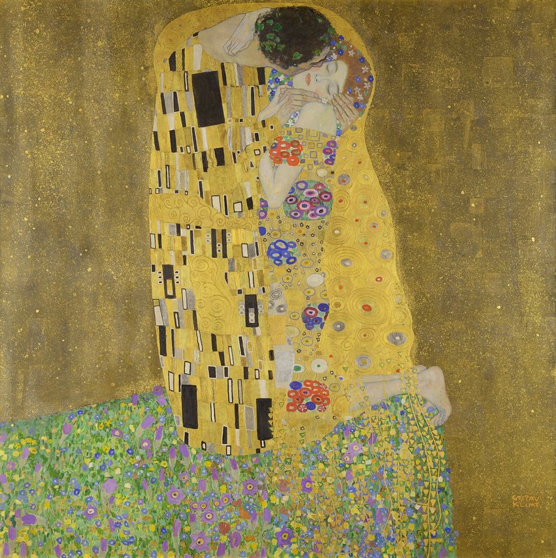 Gustav Klimt's The Kiss, featuring a couple in an embrace.