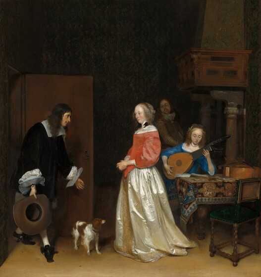 The Suitor's Visit by ter Borch, featuring a young man bowing in deference to a woman he's courting. 