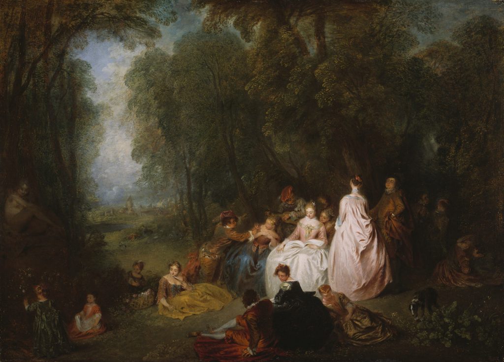 Fête champêtre (Pastoral Gathering) - Jean-Antoine Watteau. Image c/o Chicago Art Institute. A group of picnickers repose in a forest.