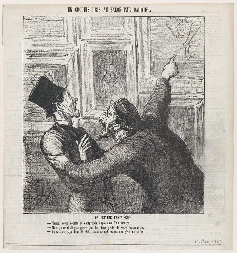 A fantastic painter, from 'A sketch from the Salon,' published in Le Charivari, May 11, 1865, Honoré Daumier, 1865. Image c/o the Met. An artist and a viewer share opinions on a work of art.