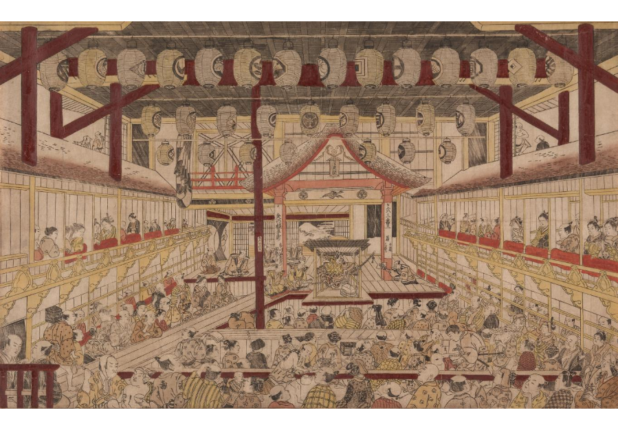 Perspective View of the Interior of the Nakamura Theater with Ichikawa Ebizo II as Yanone Goro,  Okumura Masanobu, 1740