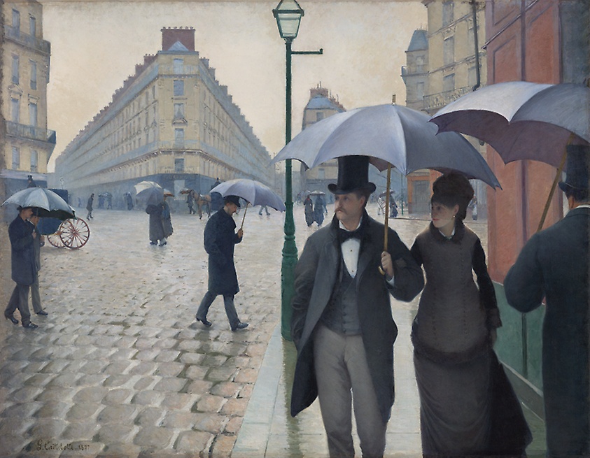 Paris Street; Rainy Day, Gustave Cailleboitte, 1877. Image c/o Art Institute of Chicago. A couple walks down a rainy Paris street.