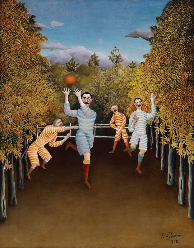 The Football Players, Henri Rosseau, c. 1908. Image c/o Sartle. Four men play football in old-time striped uniforms.
