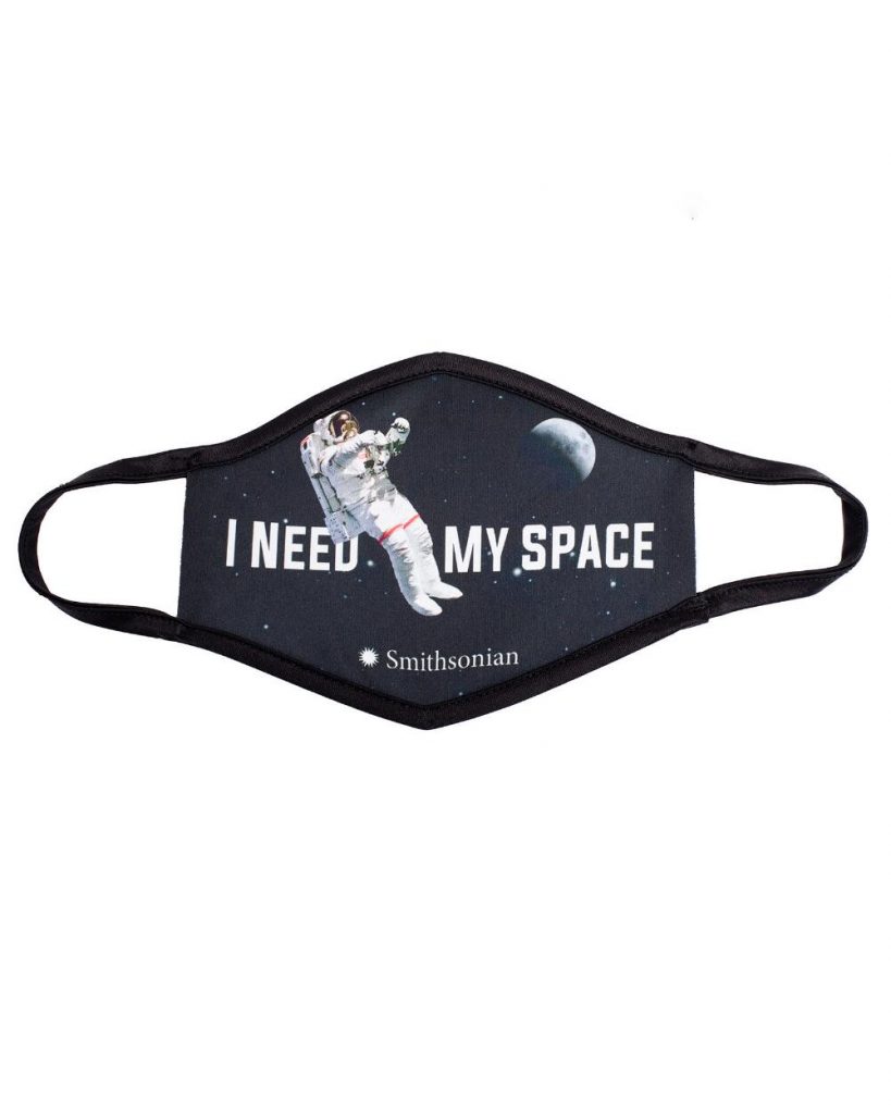 A face mask featuring an astronaut in space with the words I Need My Space and the Smithsonian logo.